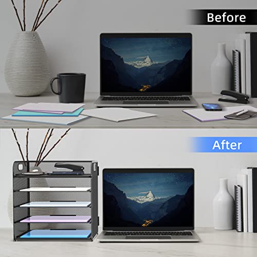 Supeasy Black 5-Tray Mesh Desk Paper Organizer with Handle - Office & Home