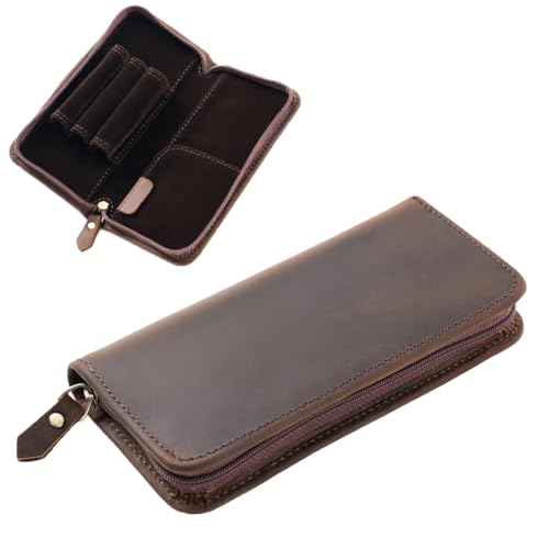 EURYNOME Leather Fountain Pen Holder,Leather Pencil Case Shockproof 3 Divided Slots,Portable Storage Bag for Invoice/Receipt/Cards/Coupon/Tickets