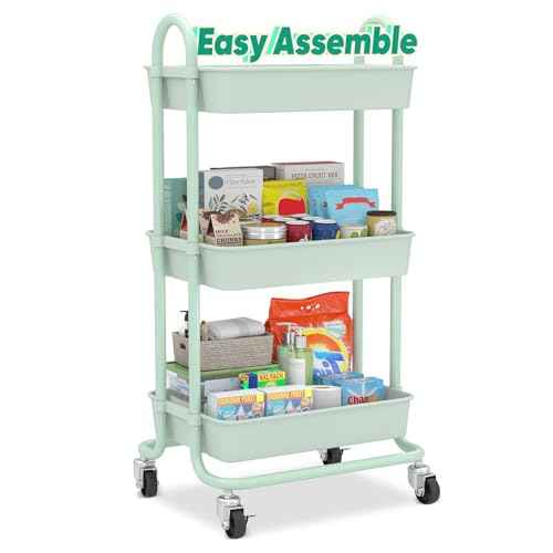 Sekey 3 Tier Rolling Cart Plastic, Easy Install Utility Cart on Wheels, Heavy Duty Storage Cart with Lockable Wheels for Baby Nursery, Bathroom, Kitchen, Laundry Room, Green