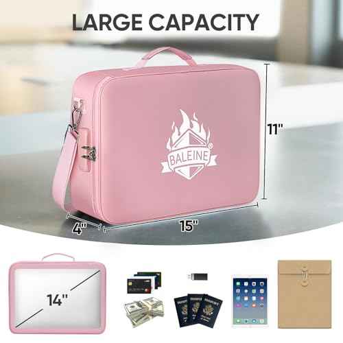 BALEINE Fireproof Document Box with Lock, Portable Fireproof Document Bag Waterproof Fire Proof File Boxes for Documents, File Organizer Box for Important Paperwork (Pink, 15''x11''x4'')