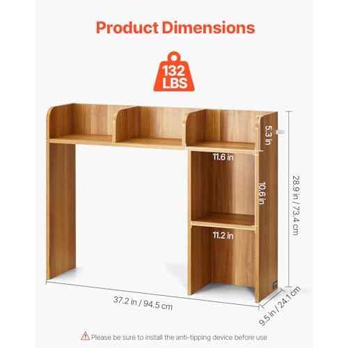 VEVOR Wood Desk Shelf, Desktop Bookshelf, Desk Storage Hutch with 6 Shelves, Office Countertop Organizer 3-Tier Display Rack, with Anti-Slip Feet Pads, for Office, Home & Dorm, Natural