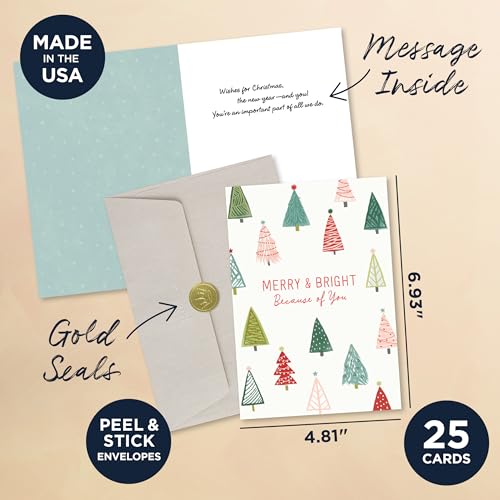 Hallmark Business Bulk 25 Pack Christmas Cards for Employees & Staff (Merry & Bright Colorful Trees), 5 x 7 Cards, Message Inside, Envelopes Included
