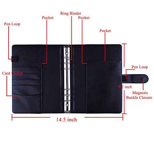 Antner A5 Binder 6 Ring Refillable Notebook Planner Cover for A5 Planner Inserts & Refill Paper, PU Leather Loose Leaf Personal Organizer Photocard Holder Budget Binder with Magnetic Buckle, Black