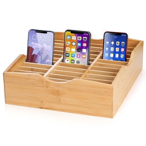 Lawei 36-Grid Bamboo Cell Phones Storage Box, Desktop Mobile Phone Holder Organizer Storage Box for Teachers Classroom School Office, Finishing Grid Multi Cell Phone Rack Display, No Assembly Required