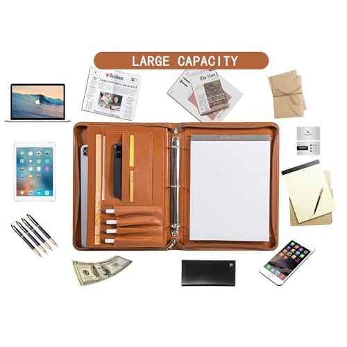 AZXCG Zipper Portfolio Padfolio Binder,3-Ring Padfolio for Women and Men,A4/Letter Size,PU Leather with iPad,Professional Organizer for Resume/Interview (Brown)