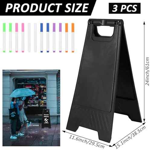 3 Pack A Frame Sign, Sandwich Board Signs with Black Dry Erase Surface, Double Sided & Heavy Duty, Portable Folding Sidewalk Sign Dry Erase Poster Board for Outdoor Restaurant Cafe Shop Menu (Black)