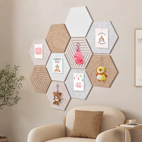 Hexagon Cork-Bulletin Board Tiles 10 Pack 12'' x 10'' Adhesive Small Cork Board Hexagon for Office Wall Decor, Cute Pinboard with 30 Push Pins