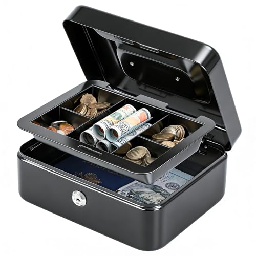 KYODOLED Black Medium Metal Lock Box with 2 Keys - Portable Cash & Medication Safe