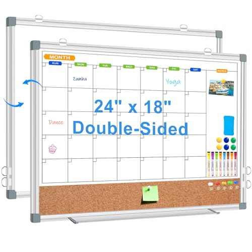 Calendar Whiteboard Corkboard Combination for Wall, Double-Sided 24" x 18" Monthly Whiteboard Calendar and Dry Erase Board for Office, Kitchen, Planning, Memo, School, Home