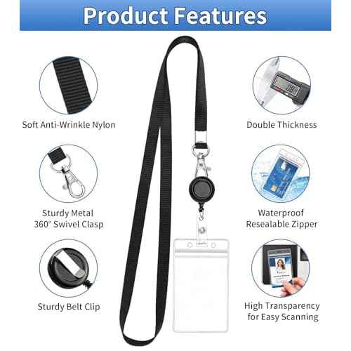 Teskyer 3 Pack Retractable Lanyards for ID Badges, Thick Clear Plastic ID Badge Holder with Lanyard and Badge Reel Clip for Name Work Cards, Cruise Ship Cards - Black