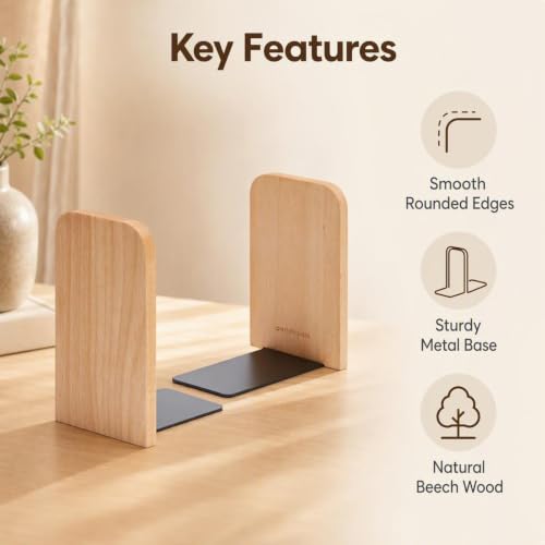 Pandapark Beech Wood Heavy Duty Bookends Non-Skid for Shelves - 1 Pair