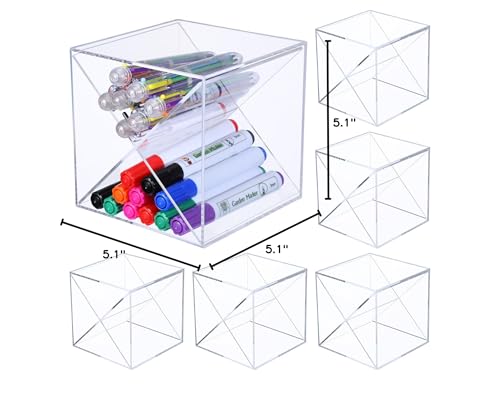 Kosiz 6 Pcs Back to School Stackable Pen Organizer 5.12 Inch Marker Pen Clear Holder Stackable Cube Organizer Removable Divider Acrylic Holder for Office Desk Desktop Storage