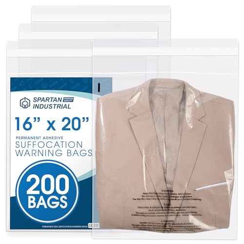 Spartan Industrial - 16" X 20" (200 Count) Self-Seal Clear Poly Bags With Suffocation Warning for Packaging, Blankets, Clothing - Permanent Adhesive