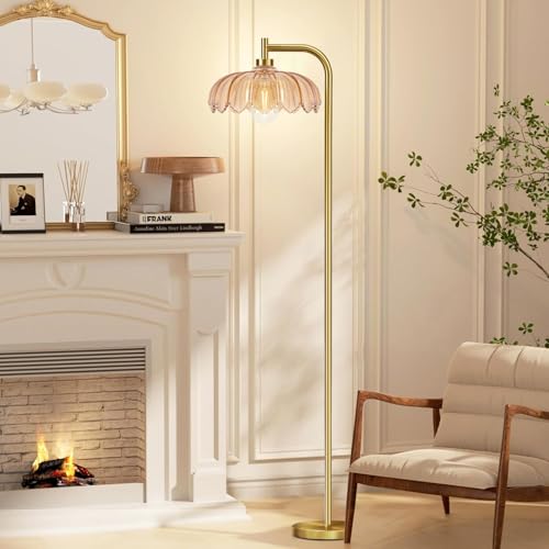 Brass Dimmable Floor Lamp Gold Glass,Tall Lamp Mid Century Modern Retro Standing Lamp with Remote Green Floor Light Lamp Boho Vintage Bohemian Bedroom