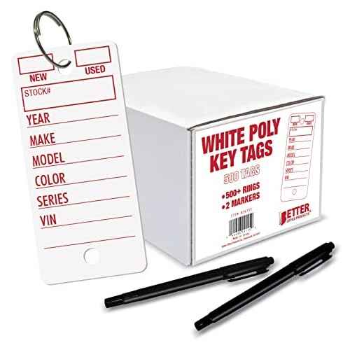 Better Office Products 500 Poly Key Tags, 1.375" x 3", Durable Plastic Dealership Automotive Service Shop Tags, Includes 500+ Rings and 2 Black Markers, (White)