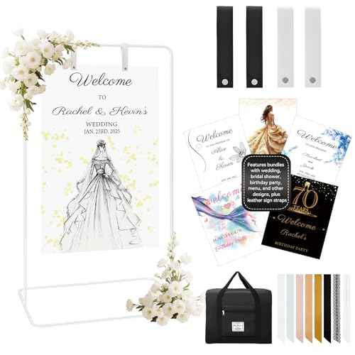 Wedding Sign Stand for Welcome Sign,Adjustable Easel Stand for Sign W/Design Bundle,Satin Ribbon,Leather Straps&Storage Bag, Wedding Sign Holder, Poster Stand for Display(White)