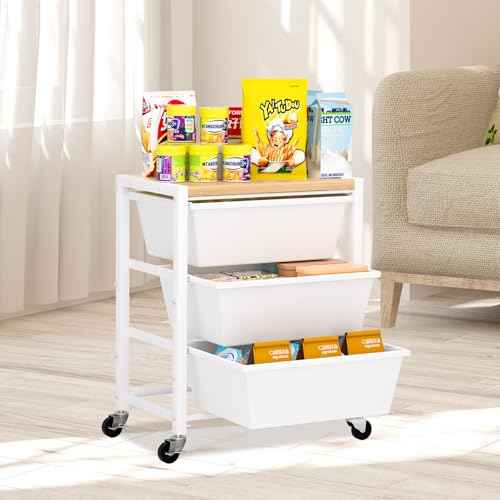 Rolling Cart with Drawers, Rolling Storage Cart with 3 Large Plastic Drawers & Wooden Tabletop, Utility Cart for Living Room, Classroom, Bedroom, Office