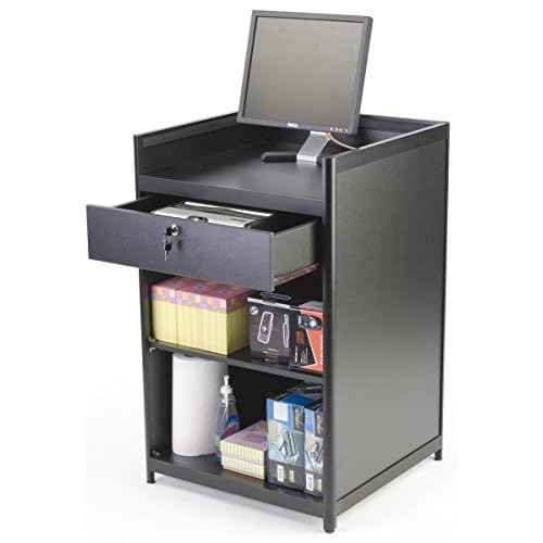 Black Laminate Cash Register Stand with Locking Drawer and Adjustable Shelf, 24 x 38 x 23-3/4-Inch,