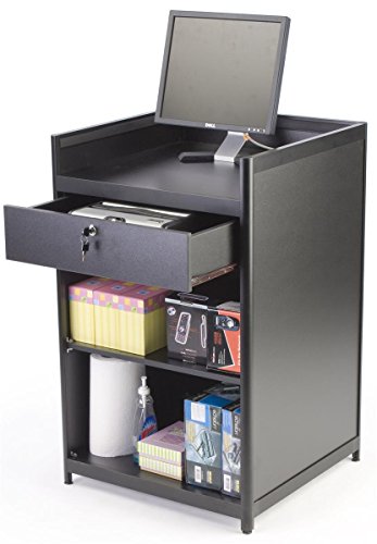 Displays2go Black Laminate Cash Register Stand 24" with Locking Drawer & Adjustable Shelf