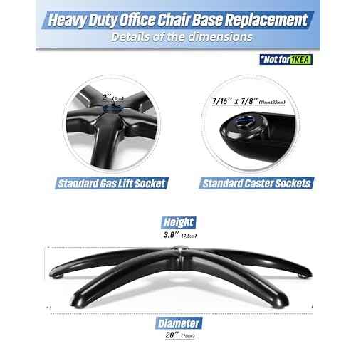 Sytopia 28'' (70 cm) Heavy-Duty Office Chair Base Replacement (2600 lbs), Reinforced Metal Base for Managerial & Executive Chairs, Universal Caster and Gas Cylinder Size, Black