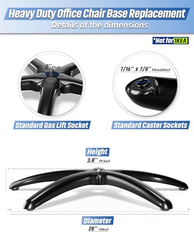 28" Heavy-Duty Office Chair Base Replacement with Wheels (Set of 5), Metal Base with Casters, Total Height: 7.5" (18.9 cm), Compatible with 2" Gas Cylinder