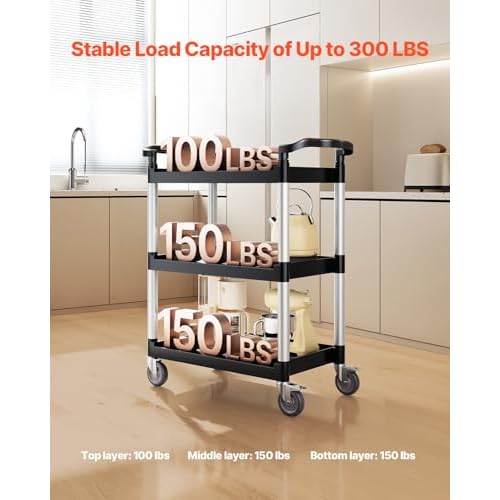 VEVOR Utility Cart, 300 lbs Load Capacity, 3-Tier Utility Plastic Cart with 360¡Æ Swivel Wheels (2 with Brakes), 24.4 x 16.1-inch Food Service Cart for Warehouse, Office, Home, Restaurant, Kitchen