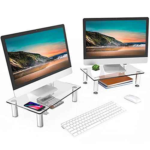 FITUEYES 2 Pack Monitor Stand ?Adjustable Glass Computer Monitor Riser, Clear Desktop Stand for Laptop TV Computer Screen, Desk Organization, Office Supplies, DT103803GC