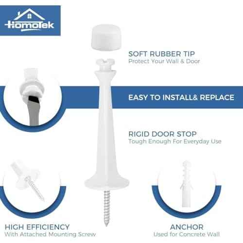 HOMOTEK 4 Pack Heavy Duty Solid Rigid Door Stop with Soft Rubber Tip, Zinc Die Cast Door Stopper Protect Wall & Door, White