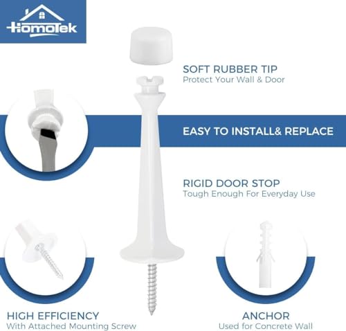 HOMOTEK 3 Pack Heavy Duty Solid Rigid Door Stop with Soft Rubber Tip, Zinc Die Cast, White