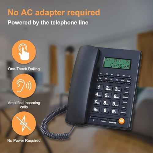 Corded Landline Phone with Dual Caller ID, Adjustable LCD Brightness, 16 Ringtones, Alarm and Anti-Theft Features, Ideal for Home/Office/Hotel