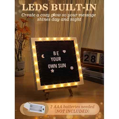 Changeable Felt Letter Board with LED Lights - 10¡¿10" Message Custom Signs & Wood Stand & 450 Letters, Poster Board for Christmas/Pregnancy/Baby Announcement/Classroom Wall Decor Gifts, Black