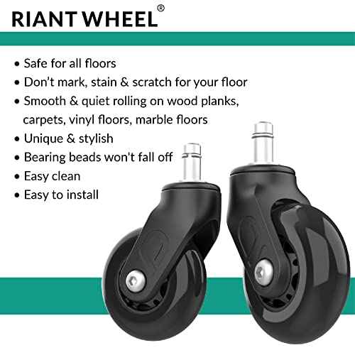 Riantwheel, Office Chair Wheels Replacement Rubber Chair casters for Hardwood Floors and Carpet, Set of 5, Office Chair Caster (Black)
