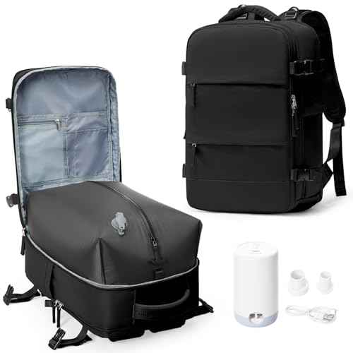 Vacuum Backpack Travel with Pump, Travel Backpack with Vacuum System, Carry on Luggage 18x14x8 Airline Approved Travel Bag, mochila de viaje compresion al vacio, Waterproof Laptop Backpacks,Black