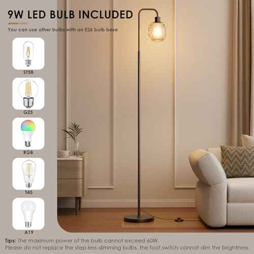 Glass Floor Lamps for Living Room, Modern Standing Lamp with Ceramic & Champagne Gold Ribbed Glass Lampshade, Pedal Switch, 65" Black Industrial Floor Lamp for Bedroom Study Room (with LED Bulb)