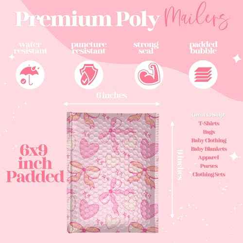 8.5x11 Designer Bubble Poly Mailer 50 Pack Heavy Duty Waterproof Self Seal Shipping Bags for Small Business Large Mailing Envelopes Bulk Tear Resistant Padded Pink Coquette Bubble Mailer