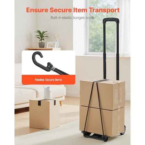 VEVOR Folding Hand Truck, 110 lbs Load Capacity, Collapsible Luggage Cart with 2 Wheels & 1 Elastic Rope, Utility Dolly Platform Cart for Airport Travel Furniture Luggage Office Moving, Black