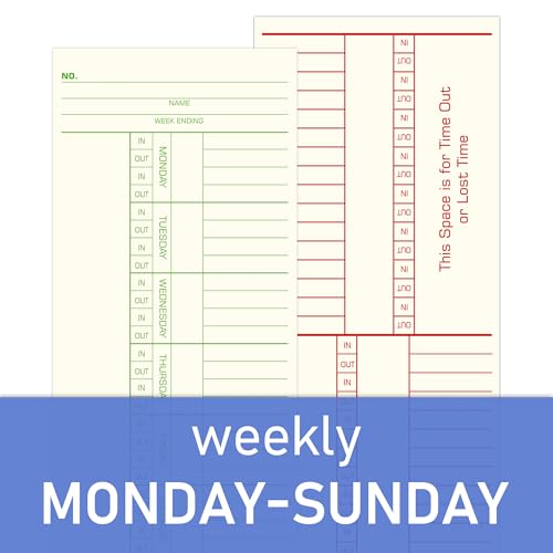 Weekly Time Cards 2-Sided,Named Days,3-3/8" x 8-1/4",Green/Red Print, 500-Count,Time Cards for Employees,Clock in Timecards