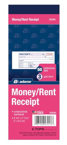 Adams 3-Part Money/Rent Receipt Book, Carbonless, 50 Sets, 2-3/4 x 7-3/16 in