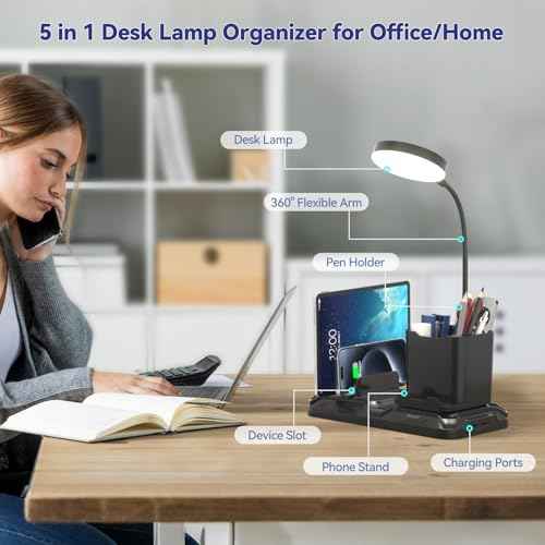 KDD Desk Lamp with USB A&C Charger Ports - Reading Desktop Light with Pen & Phone Holder - Adjustable Brightness Lights with Device Slots - 360¡ÆGooseneck Table Lamp for Home Office College Dorm Room