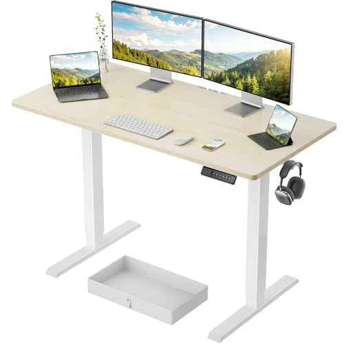 Marsail 48x24 Electric Standing Desk with Drawer, Computer Desk, Sit Stand Office Table with Storage & Hooks & Cable Management, Ergonomic Height Adjustable Table for Home Office, Maple
