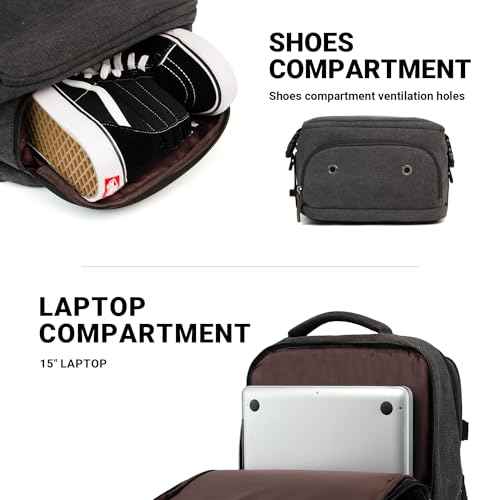 KAUKKO Canvas Travel Rucksack, Large Capacity Carry On Bag with Shoe Pouch and 15.6 inch Laptop Compartment, Flight Approved Outdoor 40L Luggage Weekender Bag, 12-BLACK