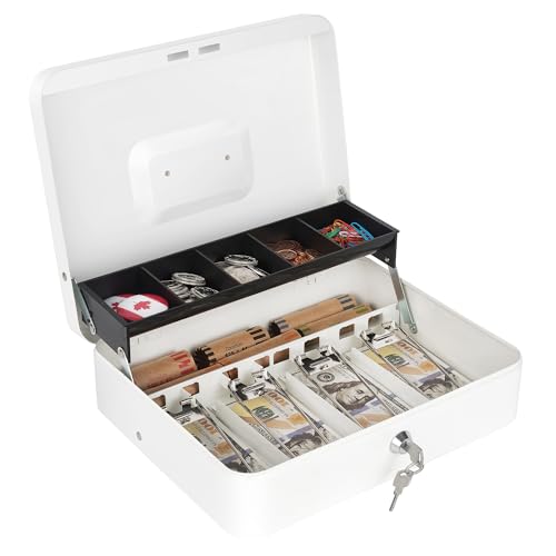 Sumerfnt Cash Box with Lock and Money Tray Money Box for Cash, Metal Lock Box for Money Cash Register - 11.8" x 9.4" x 3.54" White