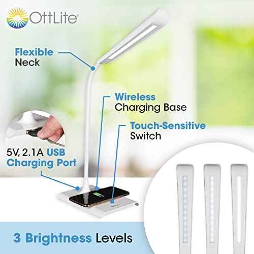 OttLite Power-Up LED Desk Lamp with Wireless Qi Charging & USB Charging Port, with ClearSun LED Technology - Flexible Neck, 3 Brightness Settings, Reduces Eyestrain - Task Lamp for Office & Dorms