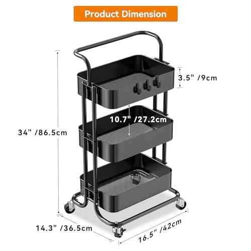 3 Tier Mesh Utility Cart, Rolling Metal Organization Cart with Handle and Lockable Wheels, Multifunctional Storage Shelves for Kitchen Living Room Office, Black
