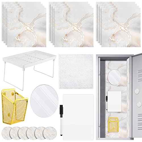 Nuanchu 23 Pcs Locker Organizer and Decorating Kit Includes 12 Magnetic Locker Wallpaper White Shelf Whiteboard with Marker Oval Mirror Gold Pencil Holder White Rug 6 Magnets(Marble)