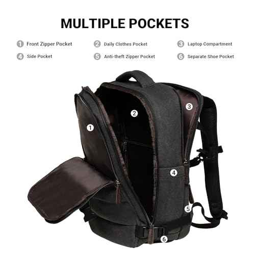 KAUKKO Canvas Travel Rucksack, Large Capacity Carry On Bag with Shoe Pouch and 15.6 inch Laptop Compartment, Flight Approved Outdoor 40L Luggage Weekender Bag, 12-BLACK