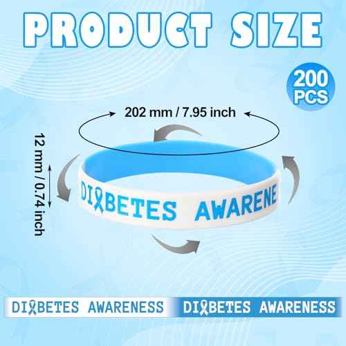 Cunno 200 Pcs Diabetes Awareness Silicone Wristband Bulk Type 1 Diabetes Prevention Rubber Bracelets Diabetic Blue Ribbon Stretch Wristband for Women Men Non Profit Charity Fundraisers Supplies