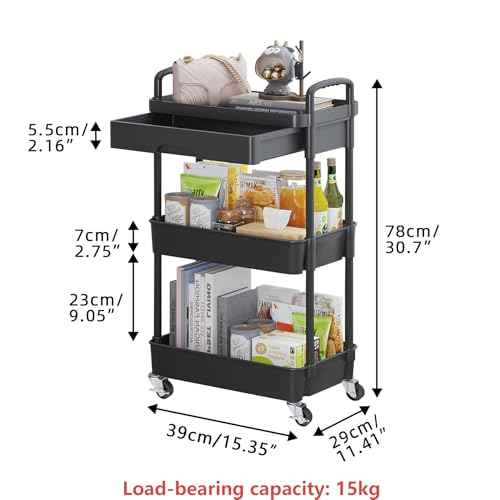 Calmootey 3-Tier Rolling Utility Cart with Drawer,Multifunctional Storage Organizer with Plastic Shelf & Metal Wheels,Storage Cart for Kitchen,Bathroom,Living Room,Office,Black