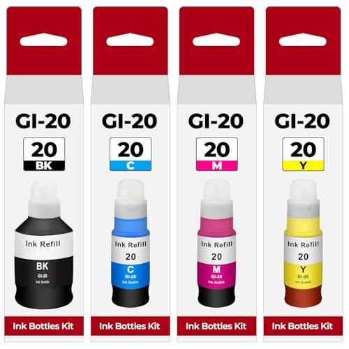 G6020 G7020 GI-20 Ink Refill Bottles Kit Compatible with Canon PIXMA G6020 G7020 G5020 MegaTank Printer for Canon 20 GI-20 GI20 GI 20 Ink Bottle Refill Dye Printer Ink Black Cyan Magenta Yellow 4 Pack