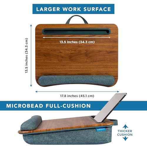LAPGEAR Portable Laptop Lap Desk with Pillow Cushion, Anti-Slip Strip, Tablet or Phone Storage Slot, Pen and Pencil Pocket, and Wrist Rest - Espresso Woodgrain - Fits 17.3" Laptops - Style No. 91342